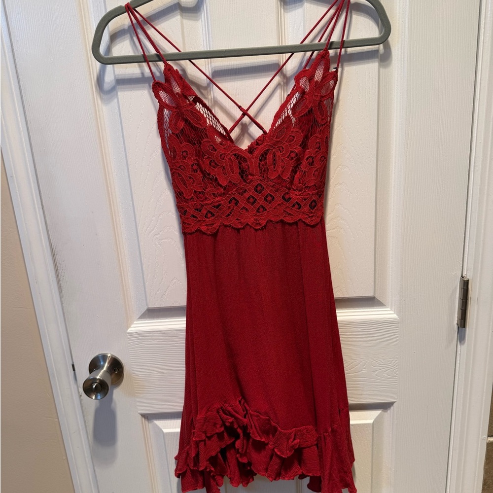 Free People Crimson Lace Crochet Slip Dress